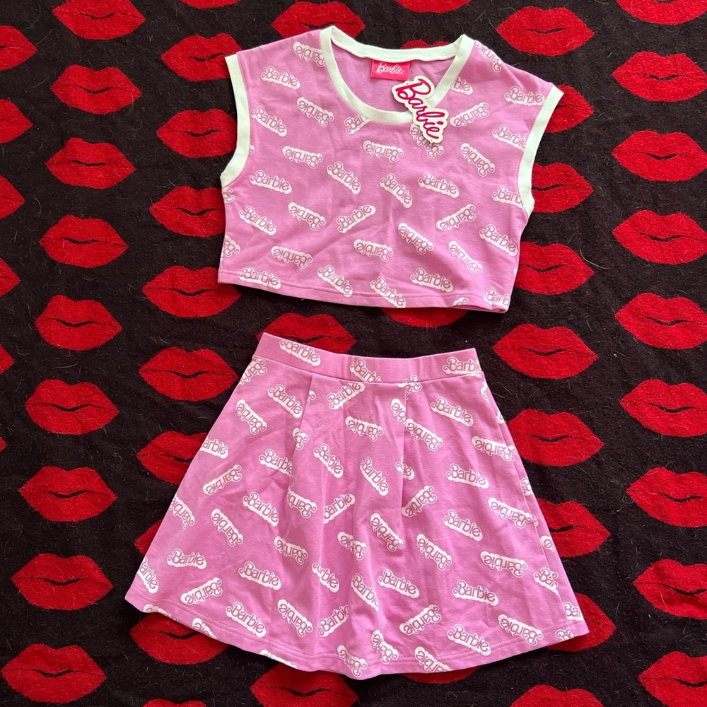 NWT Barbie Japan pink white two piece set crop top skirt XS-S